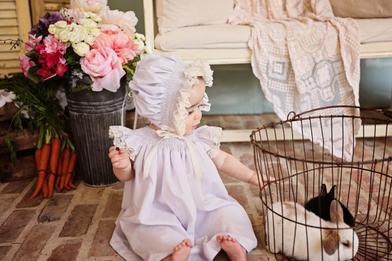 3 Piece Set Lavender and Ecru Angel Baby Pearl  Hand Smocked Heirloom Lace  Vintage Size NB  to 3 Matching Top, Pantaloons and  Bonnet