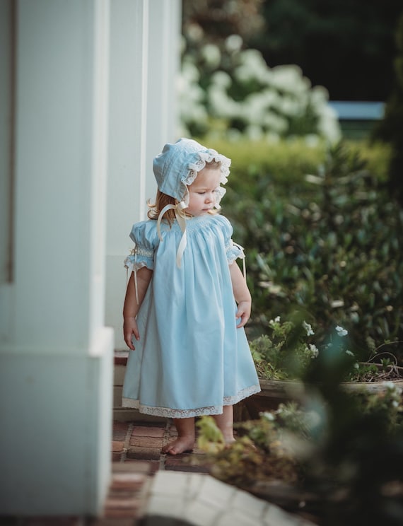 Heirloom Matching Bonnet and Dress Blue Blush White  Hand Smocked Heirloom Dress and Girl Vintage  Size NB to 5