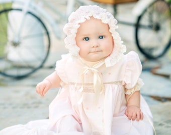 Heirloom Style Embroidered White or Pale Pink Dress with Center Panel Bullion Roses Lace Detail Ruffle and Silk Satin Ribbon