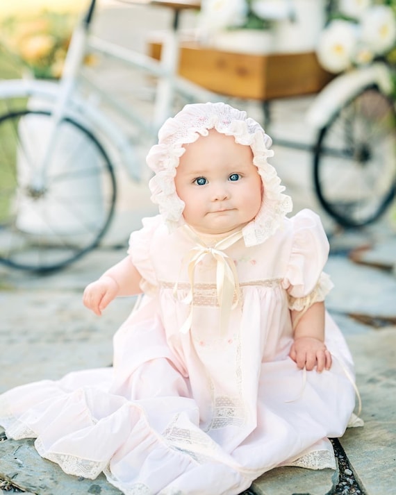 Heirloom Style Embroidered White or Pale Pink Dress with Center Panel Bullion Roses Lace Detail Ruffle and Silk Satin Ribbon