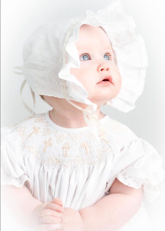 Baby Bonnet Juvie Moon Designs Ivory or White Baby Bonnet Decorative Stitching, Lace and Satin Ribbon