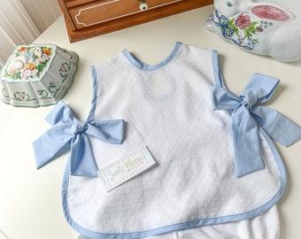 Vintage Play Set Made in Switzerland White Dotted Swiss with Blue Bow Ties.  Size 9/12 months to 4.