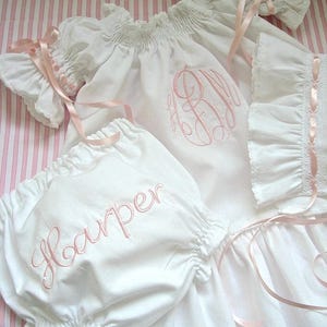 Monogram Baby Girl Going Home Outfit, Poly Cotton Dress 3 Piece Set