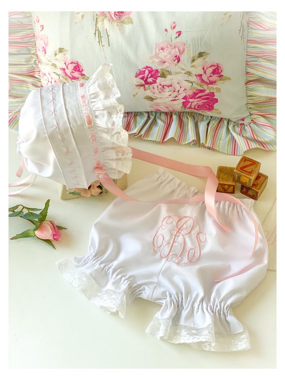 Heirloom Lace Baby Bonnet and Bloomer Shower Gift Choice of Colors Monogram or Personalized Name Juvie Moon Designs