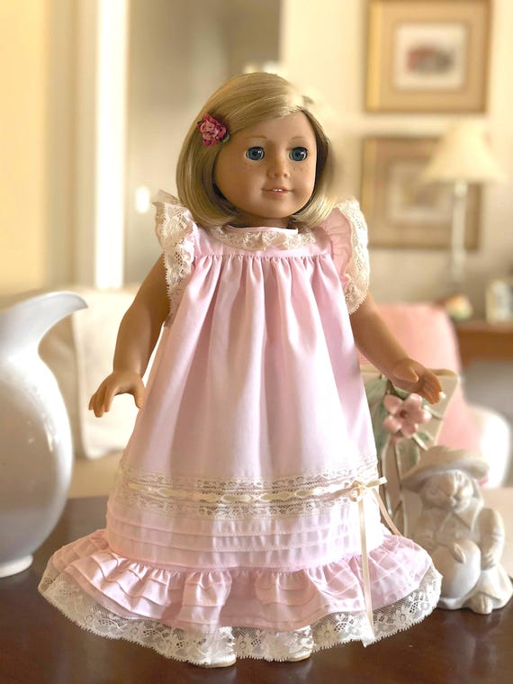 18 Inch Doll Dress, Heirloom Lace Bonnet, Blush Blue Lavender