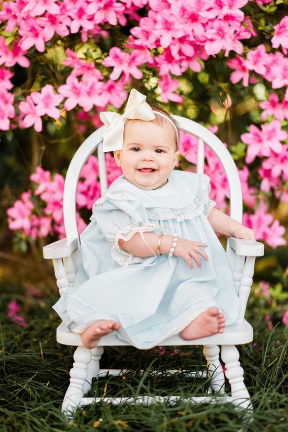 Heirloom Blue Baby Girl Older Girl Portrait Dress with Traditional Classic Elegant Collar Ivory Lace and Pintucks