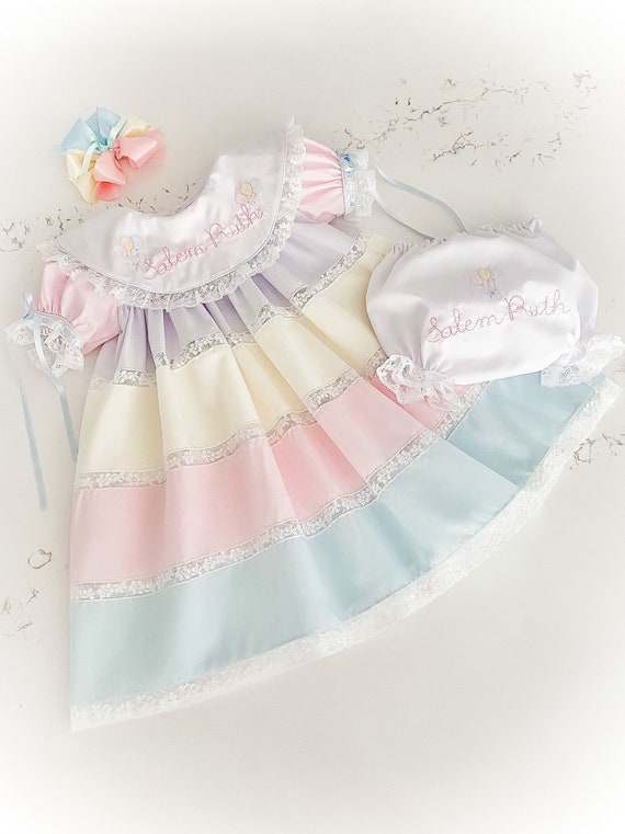 Personalized Baby Happy Birthday Dress with White Collar, Rainbow Tiered Skirt with Heirloom Lace Matching Personalized  Bloomers and Bow
