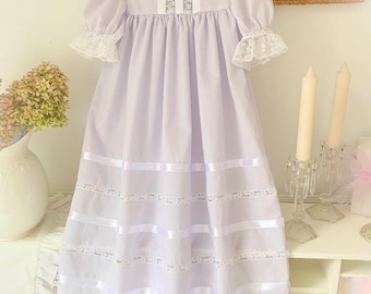 Heirloom Style Lace Insertion Pastel Lavender  Dress with Tucks, Entredeux, Lace Band Detail and Silk Satin Ribbon Slip included