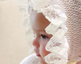 Baby Hand Smocked Feminine Wedding Dedication Bonnet Juvie Moon Designs, Lace and Satin Ribbon