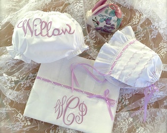 Shower Gift Set Ivory or White Baby Bonnet Monogrammed Diaper Cover Diaper Pad Decorative Stitching Ribbon