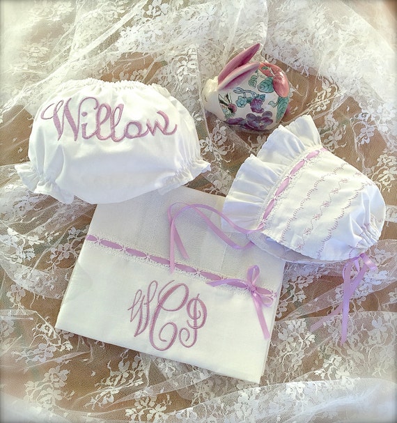 Shower Gift Set Ivory or White Baby Bonnet Monogrammed Diaper Cover Diaper Pad Decorative Stitching Ribbon