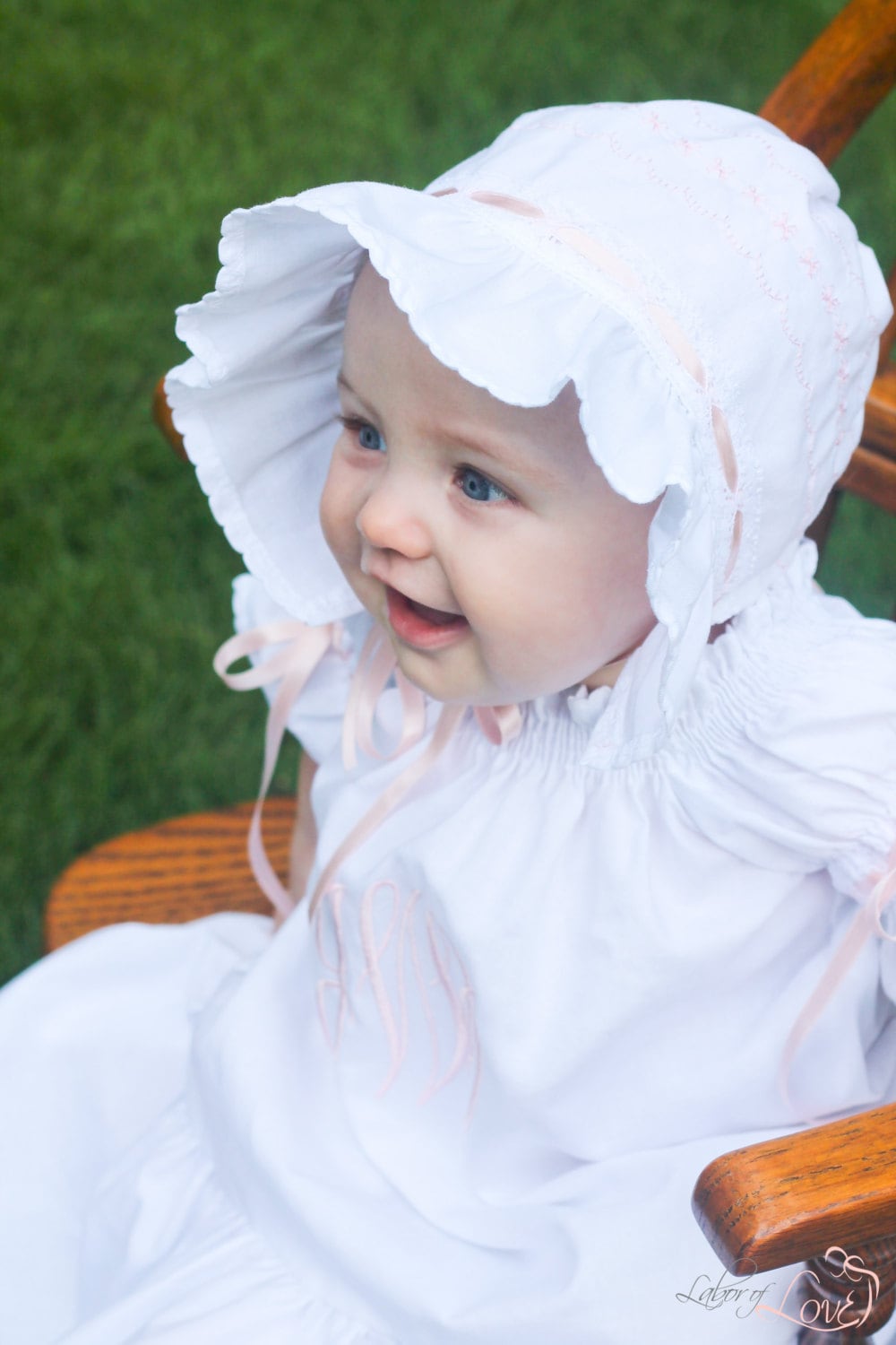 New Handmade Ivory Cotton and Lace with Satin Ribbon Baby Bonnet 