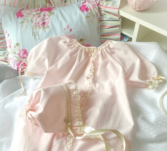 Baby Girl Pale Pink  Heirloom Day Gown Ecru Lace  Ribbon With Matching Bonnet
