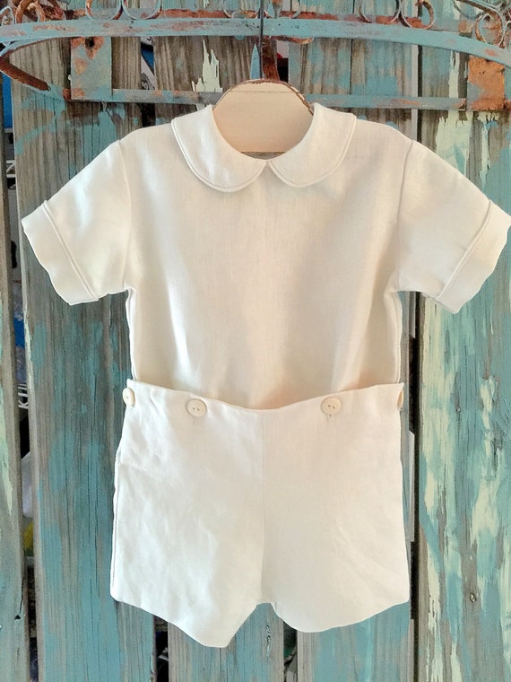 Matching Brother Sister Ivory Pintuck and Decorative Stitching Sister Dress and  Boy Button On Shorts and Shirt with Piping