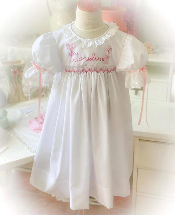 Happy Birthday Heirloom White  Hand Smocked Dress and Girl Vintage  Size 9m to 5 choose your colors