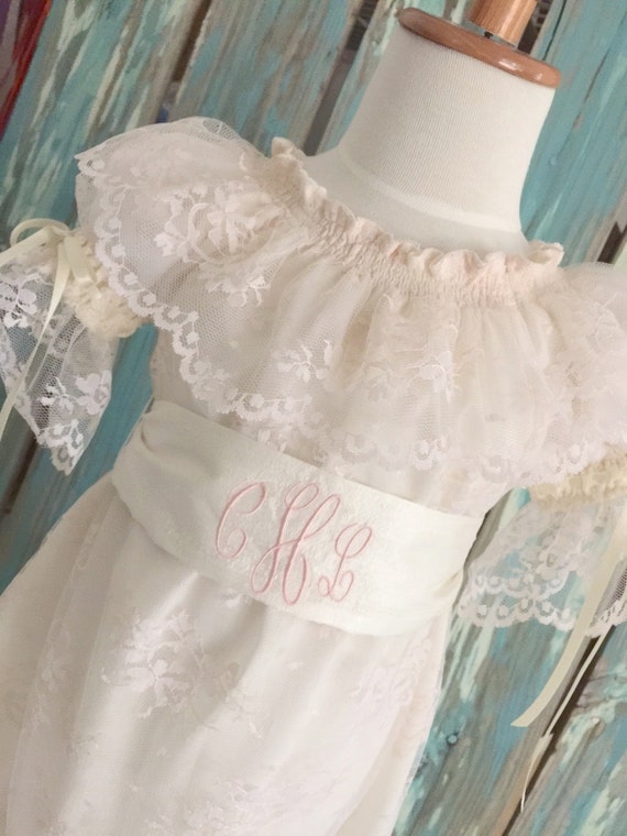 Choice of Colors with Ivory Lace Overlay Vintage Inspired Sister Girl Special Occasion Flower Girl Dress with Monogrammed Sash