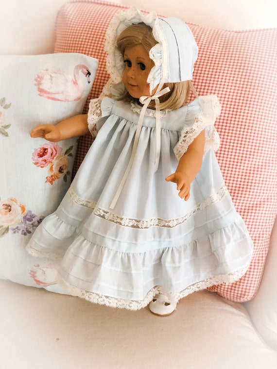 18 Inch Doll Heirloom Blush Blue Lavender  Long Dress with Lace and Ribbon and Matching Bonnet