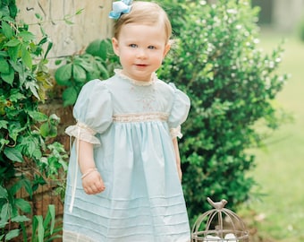 Heirloom Style Hand Embroidered Pastel Blue Dress with Tucks, Entredeux, Lace Band Detail and Silk Satin Ribbon