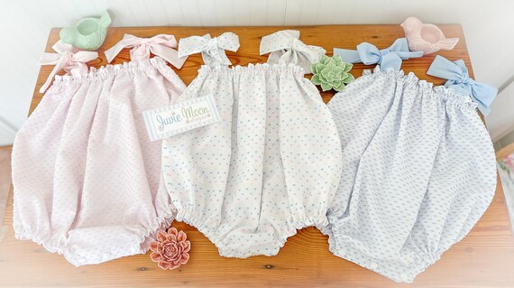 Vintage Simple and Easy Old Fashion Dotted Swiss Blush or Blue Dots on White and Blush or Blue Bow Ties.  Size 3m to 3.