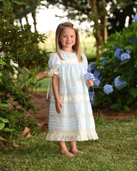 Heirloom Style Embroidered White or Blush Dress with Tucks Lace Detail Ruffle and Silk Satin Ribbon