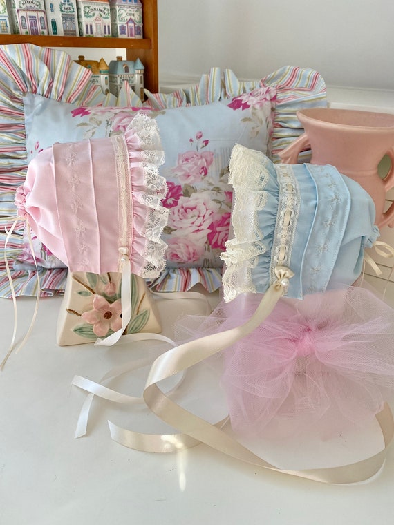 Matching Heirloom and Lace Bonnet Juvie Moon Designs Blush, Blue Ivory or White Baby Bonnet Lace and Silk Ribbon
