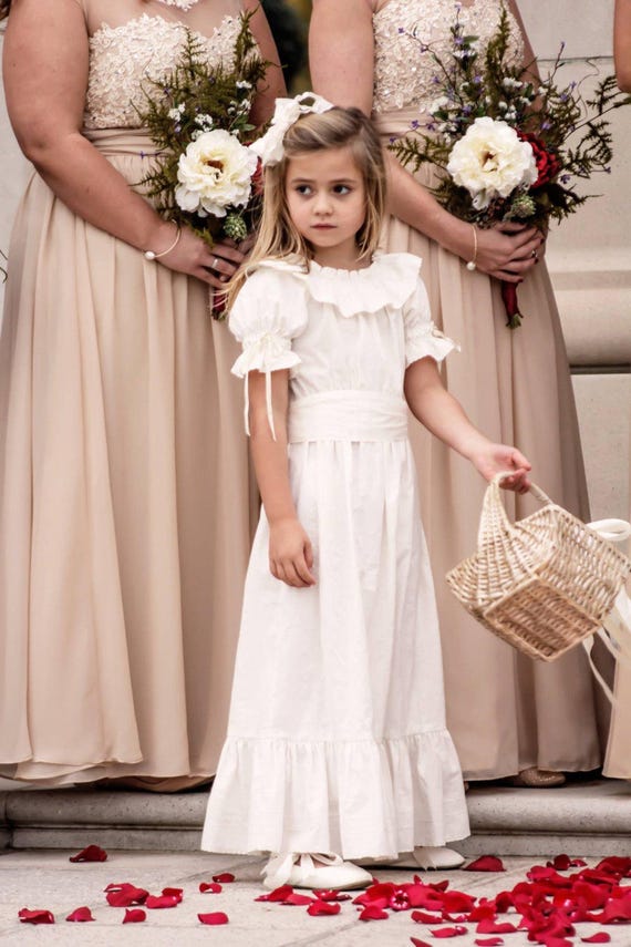 Flower Girl Size 6months to 14 Vintage Inpired Wedding,  Communion Baptism Beach   Silk Sash and Embellished Ivory Dress