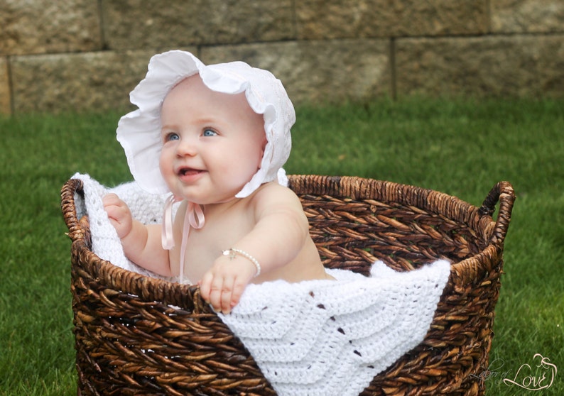 Baby Bonnet Juvie Moon Designs Ivory or White Baby Bonnet Decorative Stitching, Lace and Satin Ribbon image 5