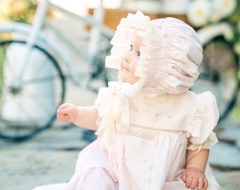 Baby Hand Smocked Feminine Wedding Dedication Bonnet Juvie Moon Designs, Lace and Satin Ribbon