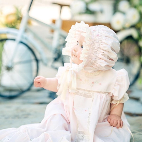 Baby Hand Smocked Feminine Wedding Dedication Bonnet Juvie Moon Designs, Lace and Satin Ribbon