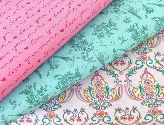 Anne Bollman Pen Pal Fabrics  Sold by the Fat Quarter Half Yard & Yard Pink Aqua