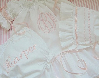 Going Home Baby Girl Shower Gift Monogram Set  Going Home White or Ivory Dress Bonnet and Diaper Cover Size Newborn to 2 Juvie Moon Designs