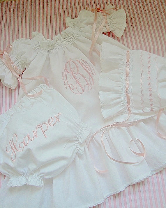 Going Home Baby Girl Shower Gift Monogram Set  Going Home White or Ivory Dress Bonnet and Diaper Cover Size Newborn to 2 Juvie Moon Designs