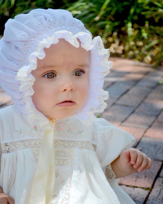 Baby Hand Smocked Feminine Wedding Dedication Bonnet Juvie Moon Designs, Lace and Satin Ribbon