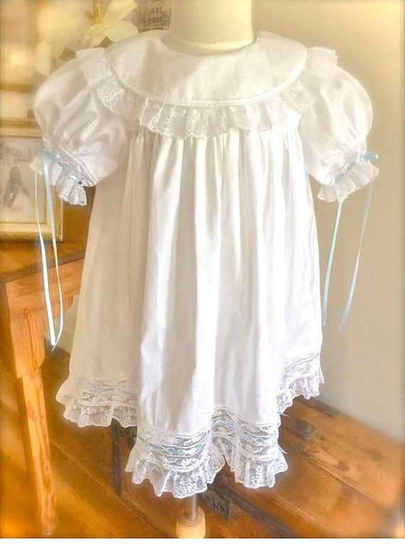 Seasonal White Heirloom Lace Entredeux Ribbon Baby Girl Older Girl Portrait Dress with Traditional Classic Elegant  Pin stitched Collar