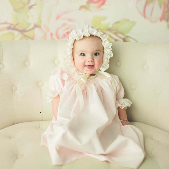 Shower Coming Home Gift Baby Pale Pink Hand Smocked Sweet Heart Vintage Inspired Size Newborn  to 4 Matching Bonnet