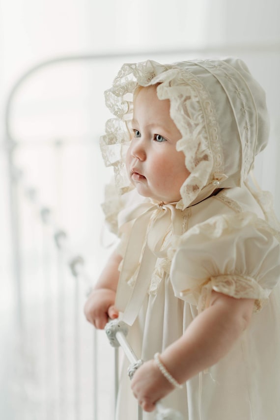 Scalloped Lace Insertion Collar Monogrammed Baby Dedication Heirloom Insertion Lace Dress Picture Panel with Monogram Ribbon Lace Sleeves