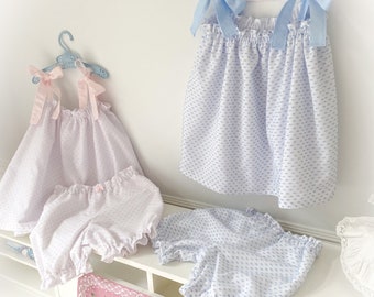 Vintage Simple and Easy Old Fashion Dotted Swiss Blush or Blue Dots on White and Blush or Blue Bow Ties.  Size 3m to 3.