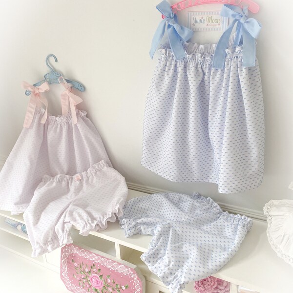 Vintage Simple and Easy Old Fashion Dotted Swiss Blush or Blue Dots on White and Blush or Blue Bow Ties.  Size 3m to 3.