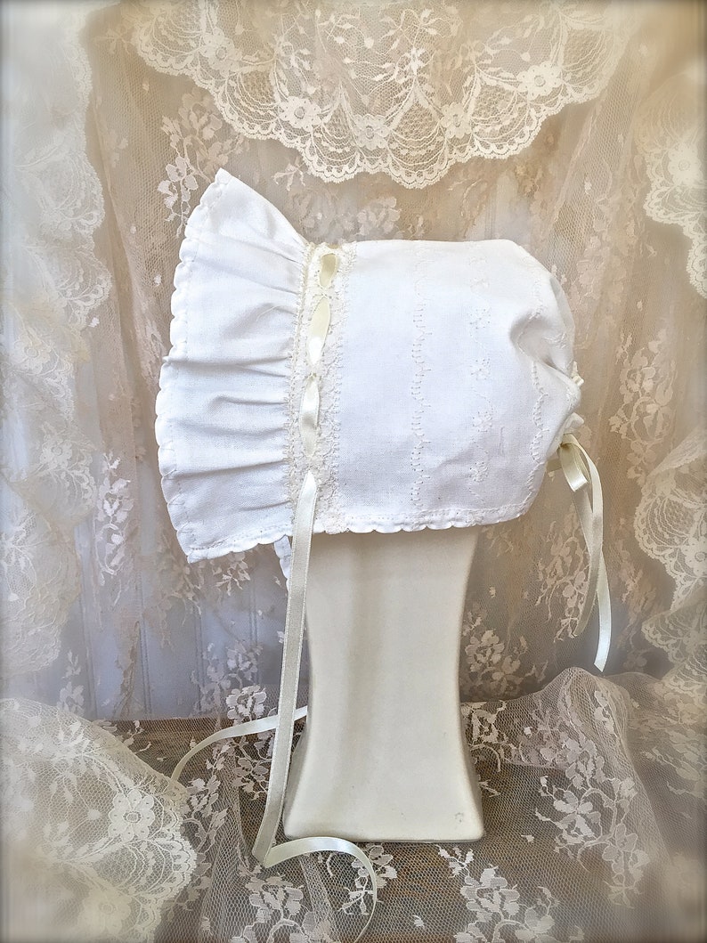 Baby Bonnet Juvie Moon Designs Ivory or White Baby Bonnet Decorative Stitching, Lace and Satin Ribbon image 8