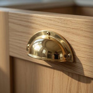 Könnte beinhalten: Nahaufnahme eines halbrunden Schrankgriffs aus Messing, montiert an einer hellen Eichenschranktür. Der Griff ist mit kleinen Schrauben befestigt und spiegelt die Umgebung wider. Die Holzmaserung ist sichtbar.