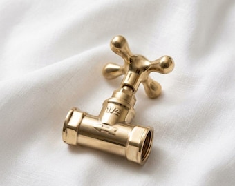 Ongelakt messing ventielset met kruishendel – massief messing T-klephuis met 1/2" fitting