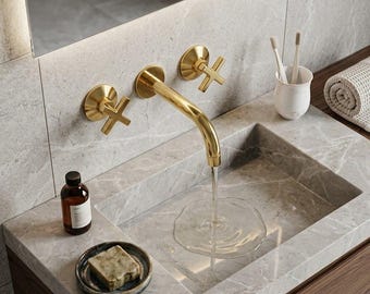 Unlacquered Brass Wall Mount Faucet Shower - 3-Hole Tub Filler - Handmade Moroccan Bathroom Fixture - Custom Spout Length