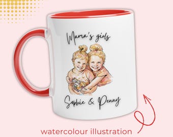 Custom Watercolor Kids Photo Mug, Personalized Family Keepsake, Personalised Mothers Day Gift