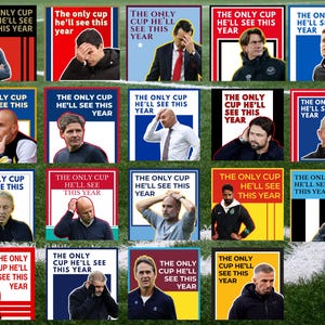 Puede incluir: Una colecci&oacute;n de carteles cuadrados con el texto "THE ONLY CUP HE'LL SEE THIS YEAR". Cada cartel presenta a un hombre, probablemente un entrenador de f&uacute;tbol, con diferentes expresiones, sobre fondos de colores.