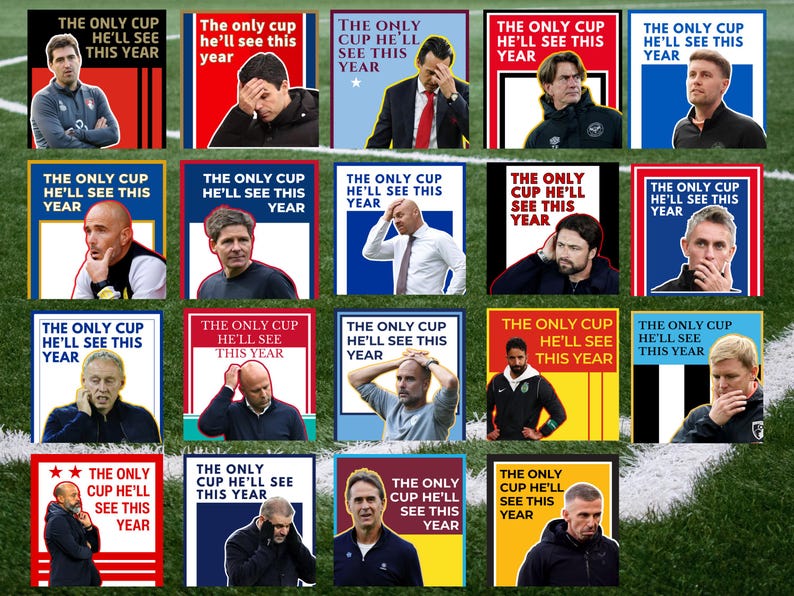 Puede incluir: Una colecci&oacute;n de carteles cuadrados con el texto "THE ONLY CUP HE'LL SEE THIS YEAR". Cada cartel presenta a un hombre, probablemente un entrenador de f&uacute;tbol, con diferentes expresiones, sobre fondos de colores.