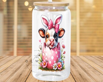 Kuh Ostertag Frühling 16 Unze Glasdose Design, 16 Unze Kuh Osterhase Glasdose Sublimationsdesign - Design Digitaler Download PNG