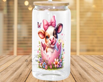 Kuh Ostertag Frühling 16 Unze Glasdose Design, 16 Unze Kuh Osterhase Glasdose Sublimationsdesign - Design Digitaler Download PNG