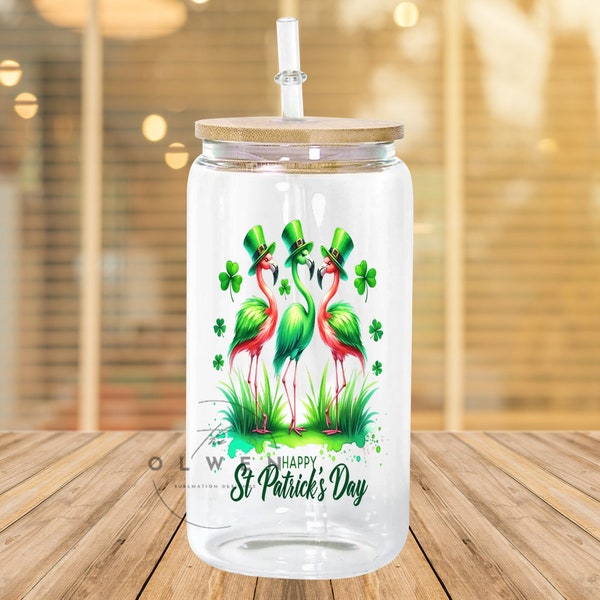 Flamingo St Patrick Day 16 Oz Glass Can Design, 16oz Flamingo Irish Glass Can Sublimation Design - Design Digital Download PNG