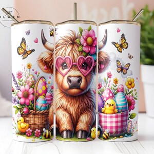 Highland Kuh Ostern Frühling Tumbler Wrap 20oz PNG, Highland Kuh Osterhasen 20 oz Skinny Tumbler Sublimation Design Digitaler Download PNG Bild 1