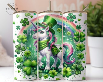 Unicorn St Patrick's Day Tumbler Wrap 20oz PNG, Unicorn Irish Clover 20 oz Skinny Tumbler Sublimation Design Digital Download PNG